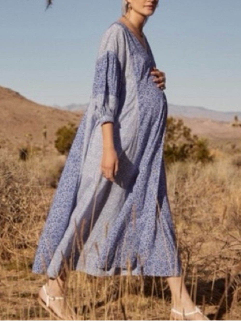 Hatch Nessa Blue Floral Button Maxi Dress  Maternity S pockets relaxed fit
